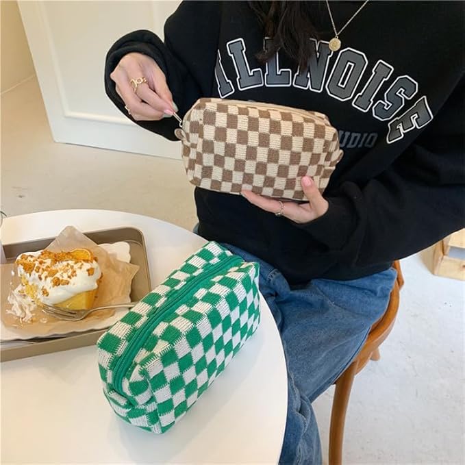 Checkered Makeup Bag for Purse, Small Travel Cosmetic Pouch,Coffee,6 Pack