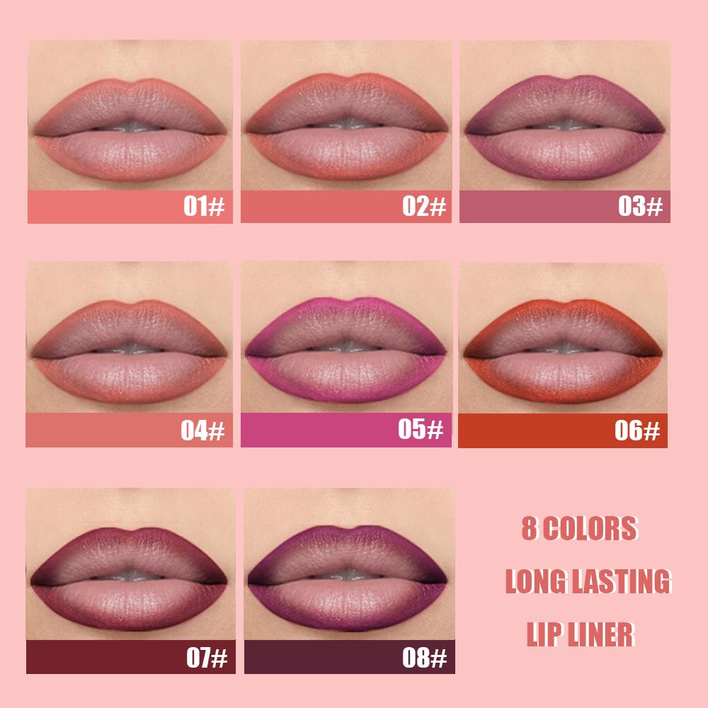 QIDSTERS 8Pcs Gel Lip Liner Pencil Set for Women, Matte Long Lasting LipLiner Lipstick 24 Hour, High Pigmented Lips Makeup Retractable Liners Waterproof Smudge Proof, Vegan & Cruelty-Free