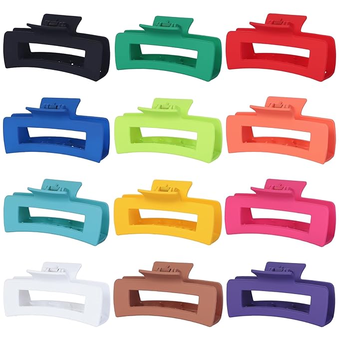 Sisiaipu 4.1 Inch Jumbo Claw Clips for Thick Hair - 12 Pcs Square Hair Accessories for Women and Girls - Dopamine