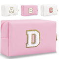 Small Personalized Letter Makeup Bag, Cute PU Leather Chenille Letters Cosmetic Bag Travel Makeup Pouch, Preppy Travel Organizer Zipper Pouch for Women&Girls（Pink-D）