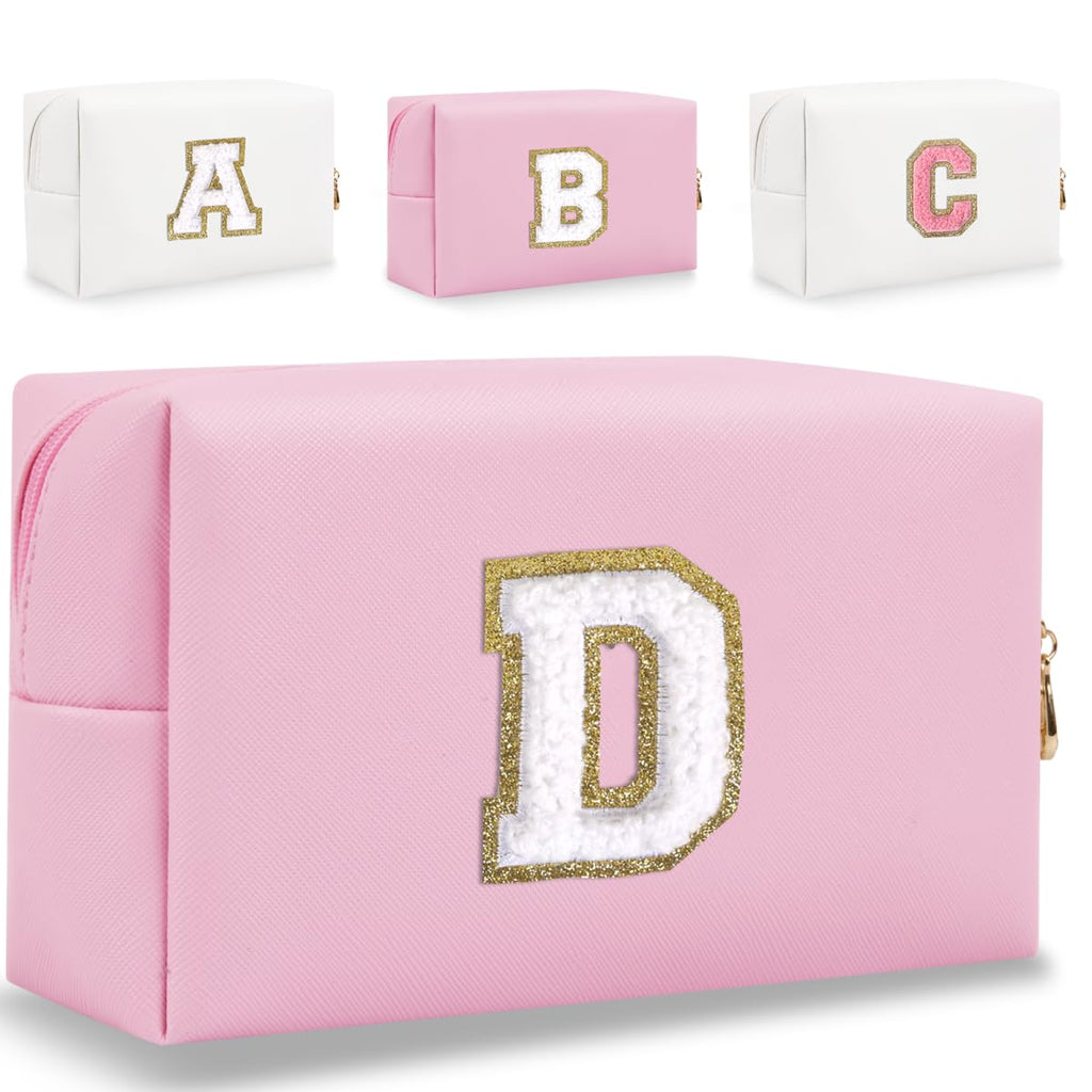 Small Personalized Letter Makeup Bag, Cute PU Leather Chenille Letters Cosmetic Bag Travel Makeup Pouch, Preppy Travel Organizer Zipper Pouch for Women&Girls（Pink-D）