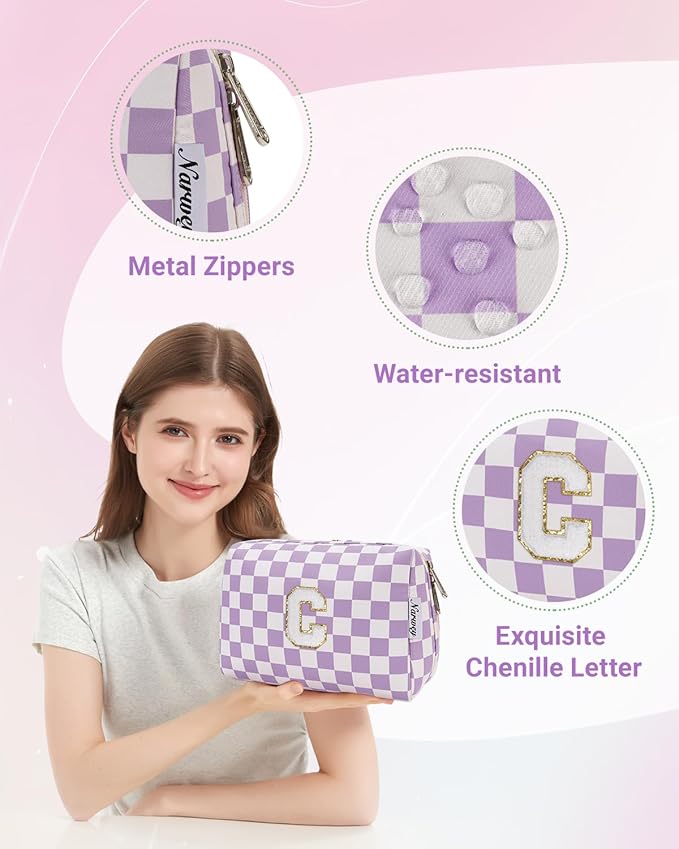 Narwey Birthday Gifts for Women Teen Girls Kids Personalized Initial Makeup Bag Monogram Preppy Cosmetic Bag Trendy Stuff 6 8 10 11 12 13 14 16 18 Years Old Travel Toiletry Bag (Purple C)