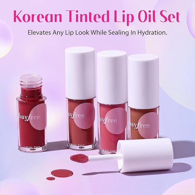 bayfree Tinted Lip Oil Stain Set 4 Shades, Non-Sticky Long-Lasting Hydrating High Shine Lip Gloss with Vitamin E, Fragrance-Free Vegan Korean Liptint for Dry Lips, Under Lipstick & Daily Wear