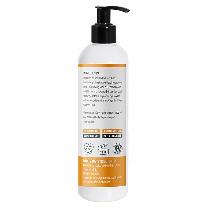 Tallow & Goat Milk Body Lotion for Sensitive Skin, Organic moisturizing Lotion - Soothes Dry skin, Goat Milk face and body Moisturizer - Handmade Tallow for skin cream (8 OZ, UNSCENTED)