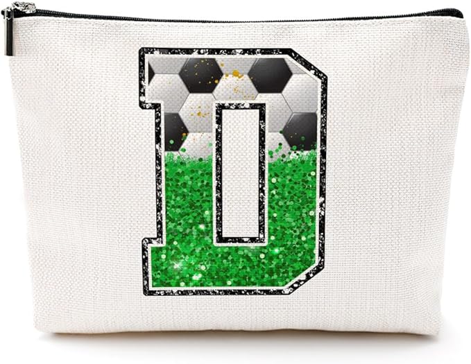 CQM Soccer Gifts Initial Makeup Bag Soccer Girl Gifts Cosmetic Bag Letter D