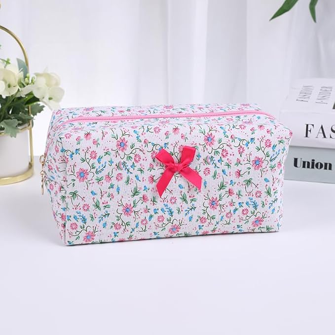 OIMEI Floral Quilted Pouch Cotton Makeup Bag for Women, Large Capacity Travel Cosmetic Pouch with Zipper, Cute Toiletry & Brush Organizer, Kawaii Makeup Storage Case – Rose Red Floral