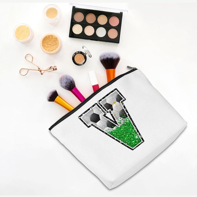 CQM Soccer Gifts Initial Makeup Bag Soccer Girl Gifts Cosmetic Bag Letter V
