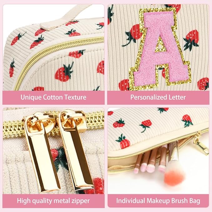 Personalized Travel Makeup Bag Set,Initial Travel Strawberry Makeup Organizer Bag,Toiletry Skincare Cosmetic Bag,Christmas Gifts for Women/Girls,Open Flat Toiletry Pouch with Brush Pocket-O