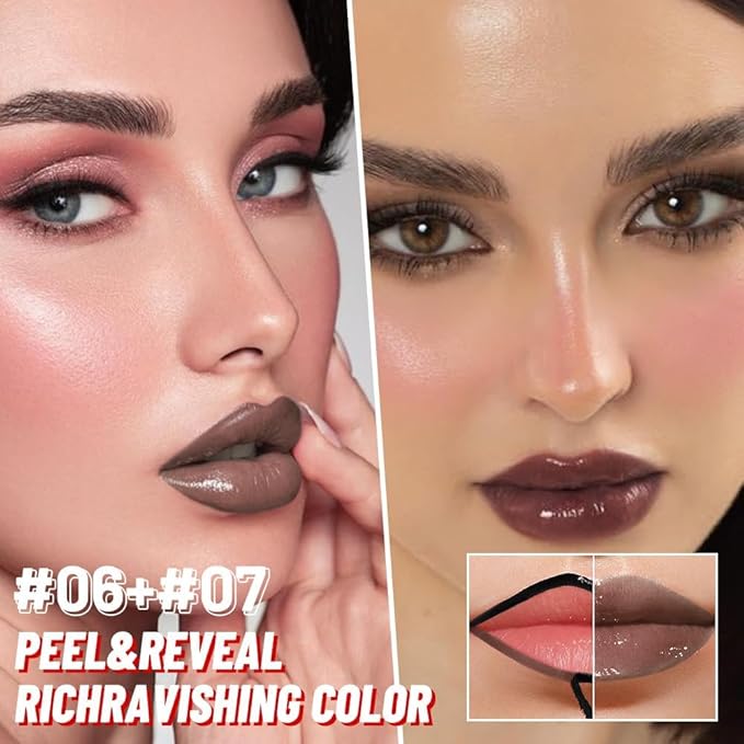 IATMOMOD 2Pcs Peel off Lip Stain Lip Oil Dual Ended Combo Set with Tweezer, 2 in 1 Brown & Maroon Lips Liner Stain Oil Long Lasting Waterproof, High Pigmented Flawless Lips Tint Stick Not Faded