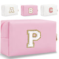 Small Personalized Letter Makeup Bag, Cute PU Leather Chenille Letters Cosmetic Bag Travel Makeup Pouch, Preppy Travel Organizer Zipper Pouch for Women&Girls（Pink-P）
