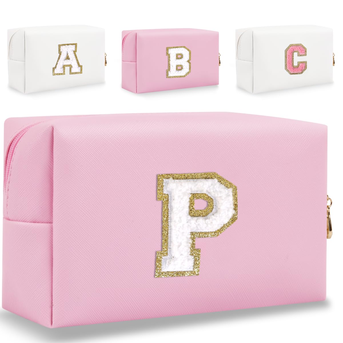 Small Personalized Letter Makeup Bag, Cute PU Leather Chenille Letters Cosmetic Bag Travel Makeup Pouch, Preppy Travel Organizer Zipper Pouch for Women&Girls（Pink-P）