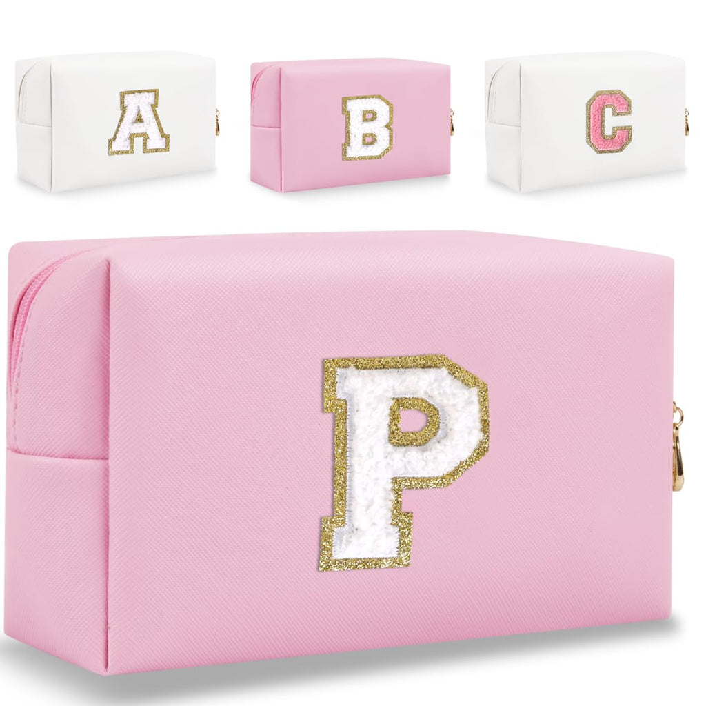 Small Personalized Letter Makeup Bag, Cute PU Leather Chenille Letters Cosmetic Bag Travel Makeup Pouch, Preppy Travel Organizer Zipper Pouch for Women&Girls（Pink-P）