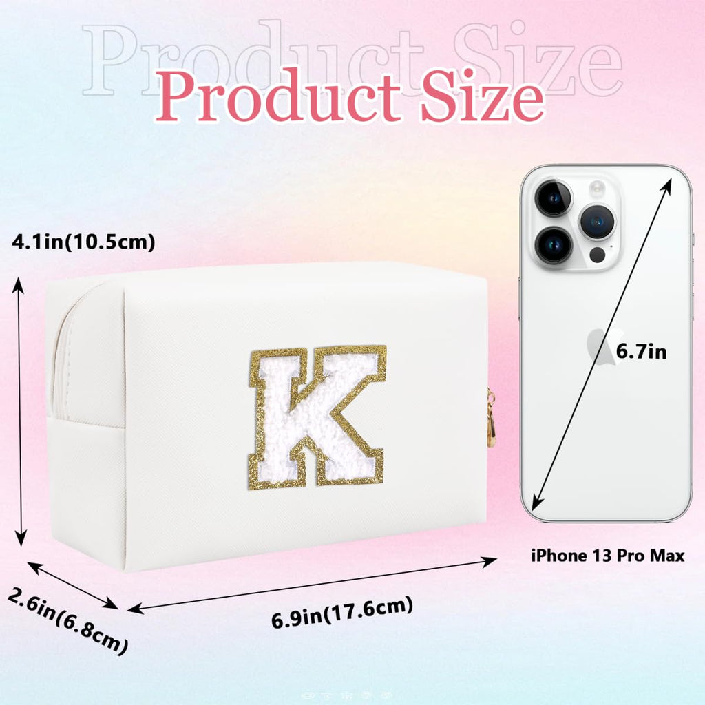 HENGNI Small Personalized Letter Makeup Bag, Cute PU Leather Chenille Letters Cosmetic Bag Travel Makeup Pouch, Preppy Travel Organizer Zipper Pouch for Women&Girls（White-K）