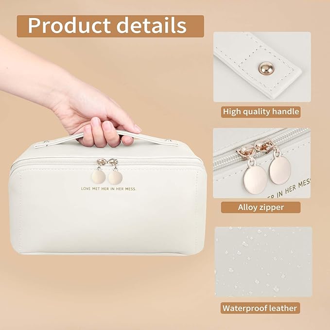 zaleeta Travel Makeup Bag, Large Capacity Cosmetic Organizer Bags for Women, Waterproof PU Leather Toiletry Bags, Wide Open Flat Makeup Case with Divider and Handle