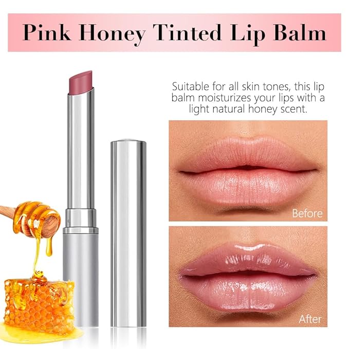 HHLTOH 2Pcs Dusty Pink Honey Tinted Lip Stain Lip Balm Lip Gloss Lipstick, Sheer Hydrating Lip Stains Tint for Mature Skin, Moisturizing Lip Tint Balm with Natural Shine, Vegan & Cruelty-Free