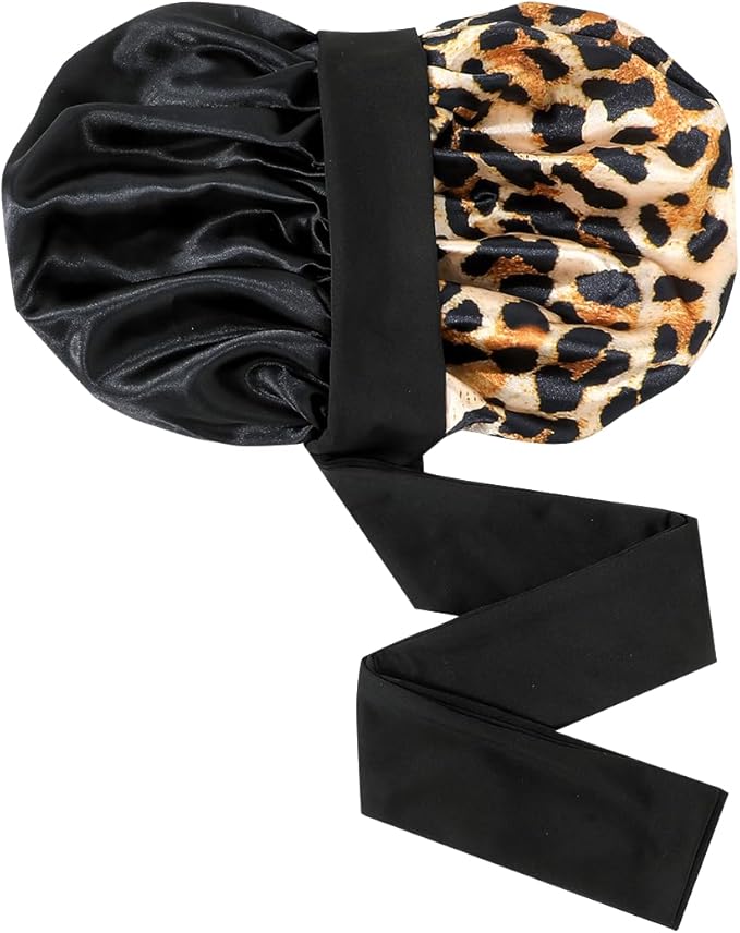 GDTOGRT Satin Silk Bonnet for Sleeping Women, Double Layer Sleep Hair Bonnets Caps for Curly Natural Hair with Tie Band Leopard-Black