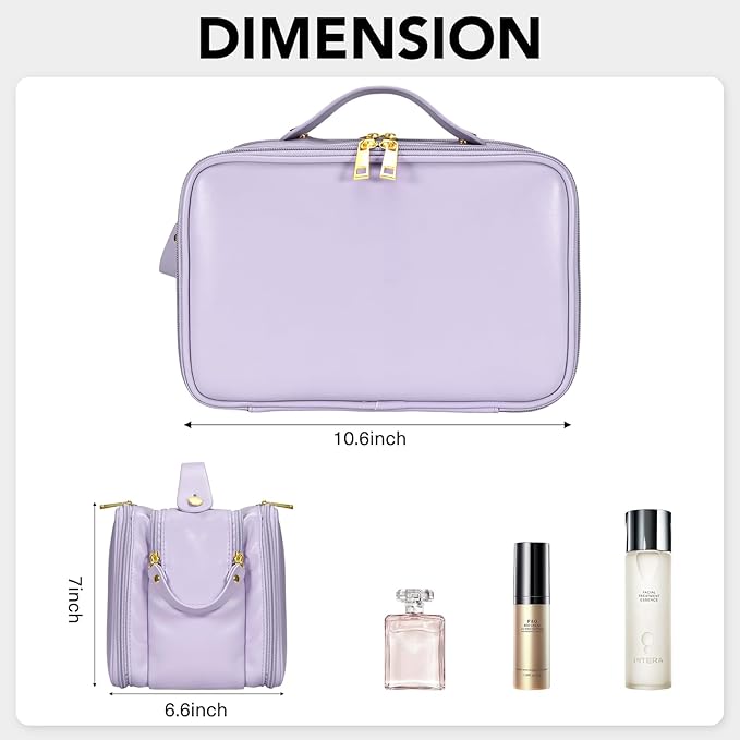 HauteHues Travel Makeup Bag Women's Large Capacity Cosmetic Portable Organizer Large Opening Waterproof Storage Toiletry Bags Vertical Free-Standing Brush Holder for Easy Access Purple