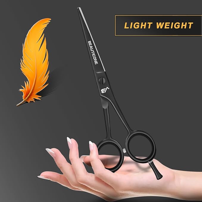 BEAUTICONE ® Hair Cutting Scissors - High Carbon SS 6.5" Professional Barber-Grade Salon Shears with Serrated & Razor Edge - Matt Finish with Pouch & Finger Inserts - Ultra Lightweight