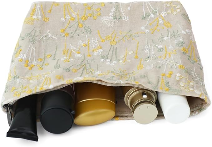 BBORGDC Floral Cotton Embroidered Makeup Bag - Large Capacity Cosmetic Pouch for Travel, Makeup Organizer & Toiletry Bag with Zipper, Perfect for Daily Use & Gifts