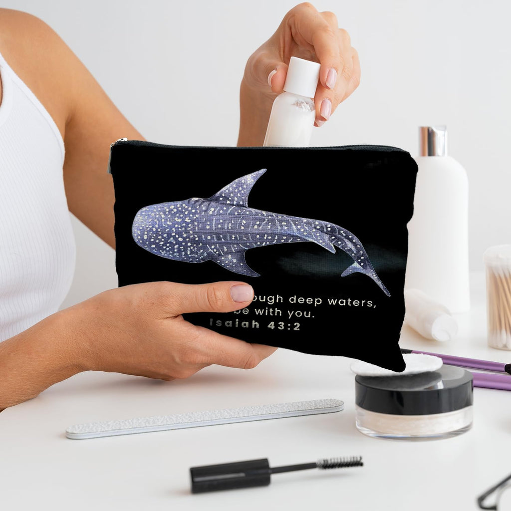 RYYCDOI Whale Shark Christian Makeup Bag Pouch, Christian Shark Gifts for Women, Bible Verse Gifts Isaiah 43:2, When you go through deep waters I will be with you(black)