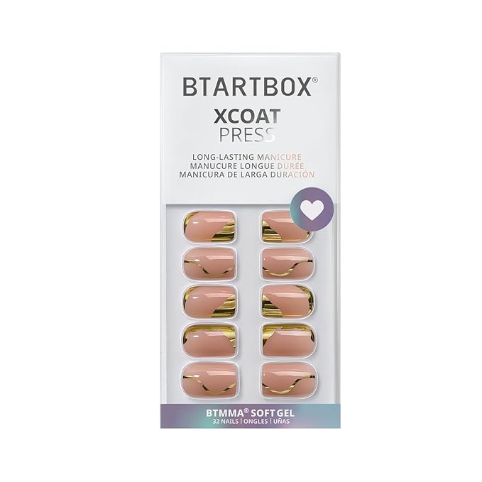 BTArtbox Press On Nails, Gold Leaf, Short Square, Gold Designed, 32Ct