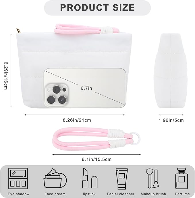 DOB SECHS Quilted Makeup Bag with Handle Detachable Cute Striped Puffy Cotton Cosmetic Bag for Women, Small Puffer Toiletry Zipper Make Up Pouch Clutch Bag Travel Organizer Storage Pouches Case, White