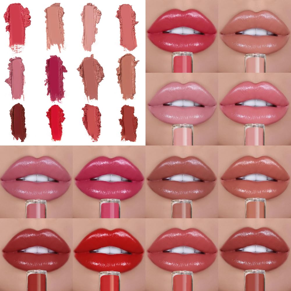 Fauppt 12 Color Cream Lip Gloss Lipstick Portable,Upgraded Waterproof Long-Lasting Moisturizing Lip Lipsticks for Daily Use,Non-Stick to Cup Natural Lipsticks for Home Travel Women (1)