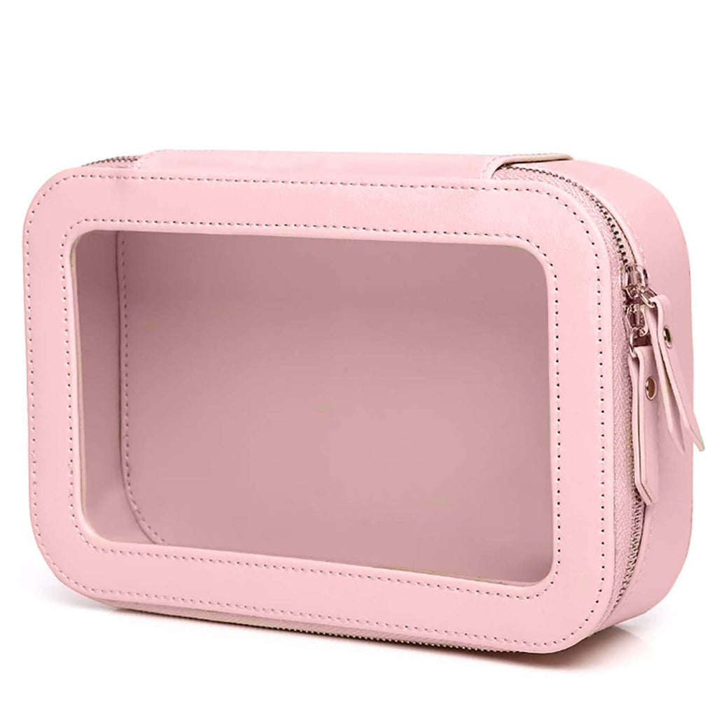 Clear and Waterproof Makeup Bag Portable Travel Cosmetic Case Organizer for Women Toiletry Pouch with Transparent Vinyl Windows & Zippers (Pink)