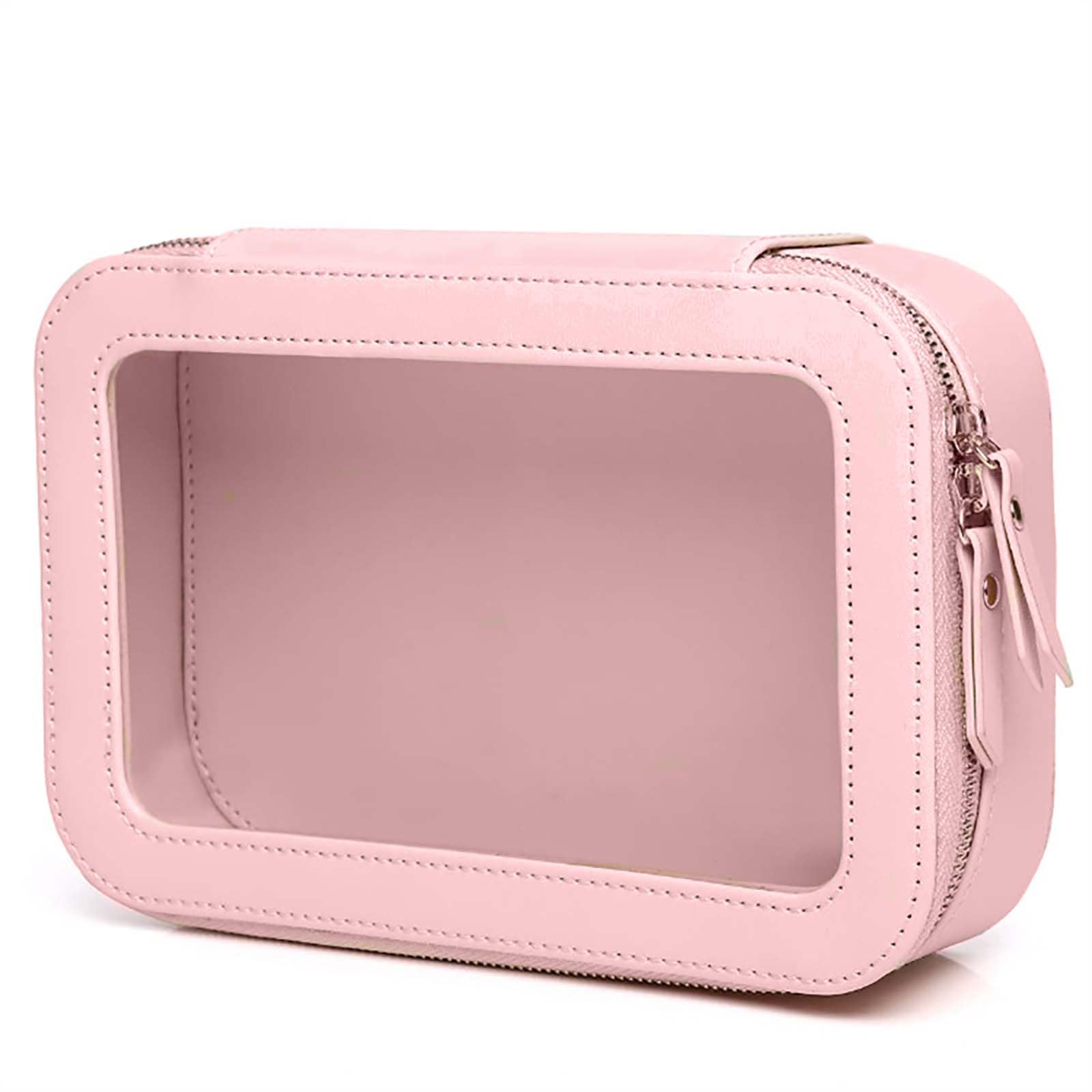 Clear and Waterproof Makeup Bag Portable Travel Cosmetic Case Organizer for Women Toiletry Pouch with Transparent Vinyl Windows & Zippers (Pink)