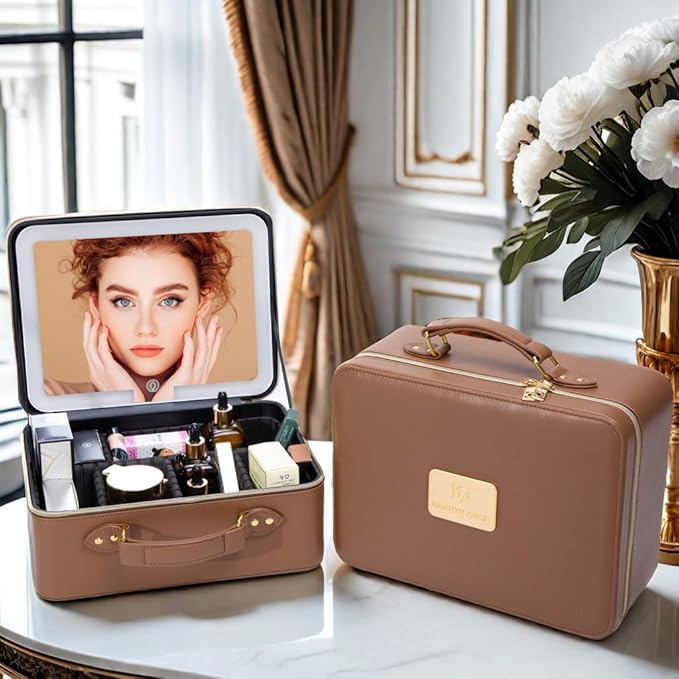 ZhenGuiRu Travle Makeup Bag with LED Mirror, Makeup Train Case with Light Up Mirror, Portable Waterproof Makeup Organizer with Adjustable Dividers, Cosmetic Brush Holder Storage for Women Gift