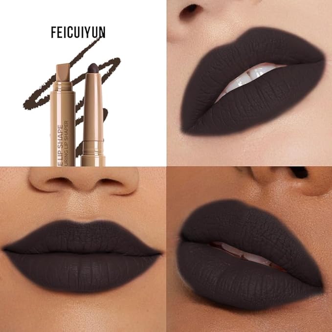 FeiCuiYun Matte Crayon Lip Liner Pencil, Black Lip Liners Lipstick For Women Halloween Birthday Party Wear, Plump Creamy Formula With Silicone Smudger for Define Contours & Sculpting Lip