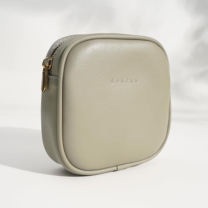 Benfan Leather Cosmetic Bag for Women Small Zipper Makeup Bag for Purse Waterproof Travel Makeup Organizer Charger Storage Pouch Color Green