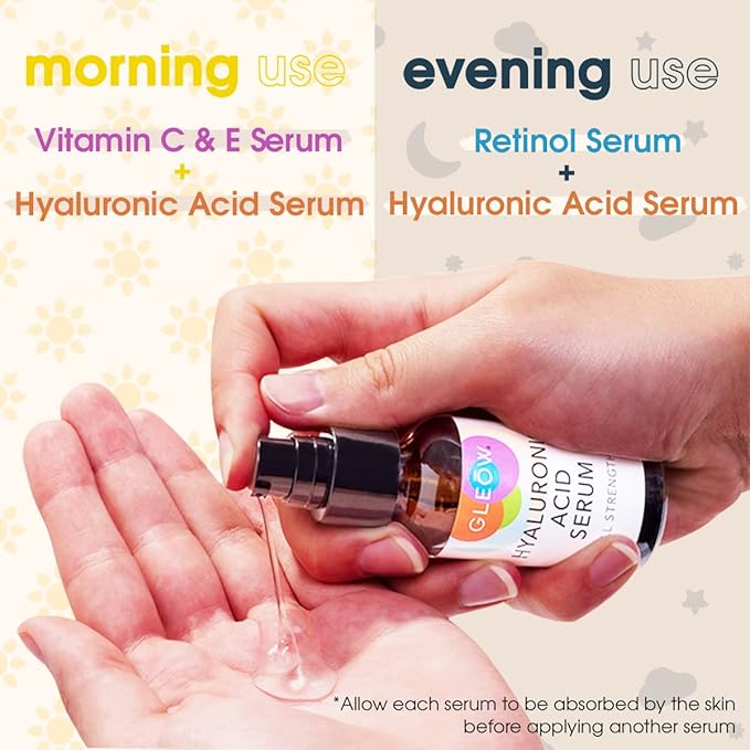 GLEOW Skincare Set: Retinol, Vitamin C, and 99% Hyaluronic Acid Serum, Face Serum Set Targets Appearance of Uneven Skin and Dryness, Total Package Serum Set 3x2 oz