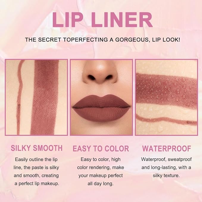 HHLTOH 2-in-1 Brown Lip Liner & Lipstick Set Kit for Women, Matte Lips Kit with Lip Liner Lip Stains Long Lasting Waterproof 24 Hour Lipstick and Lip Liners Combo Lipliners Pencil Set 11