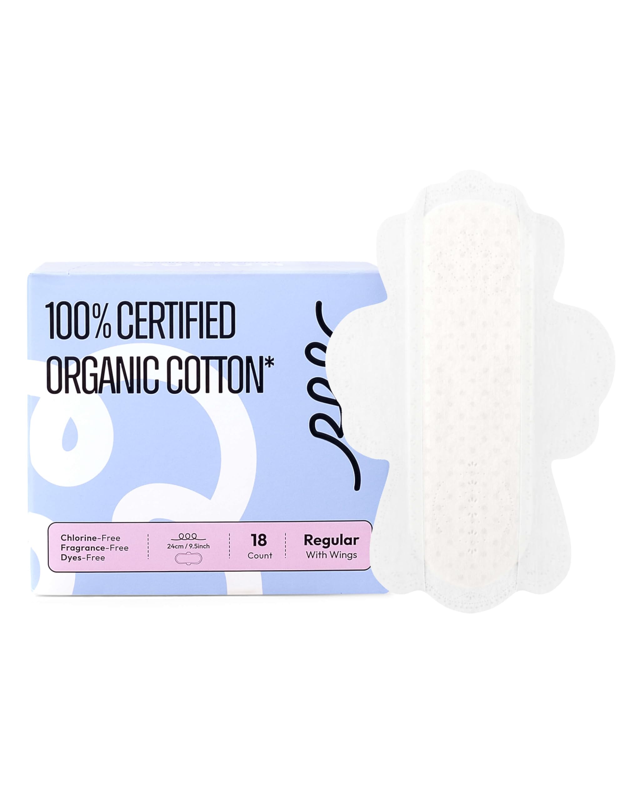 RPE Life 100% GOTS Organic Cotton Period Pads with Wings, Size 3, 18 Count