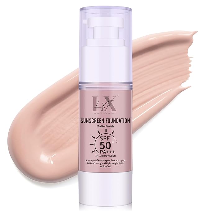 LXSKN Tinted Face Sunscreen - Waterproof & Lightweight Liquid Foundation with SPF 50++, 3-in-1 Full Coverage Foundation Smooths & Blurs Pores, 106 Light