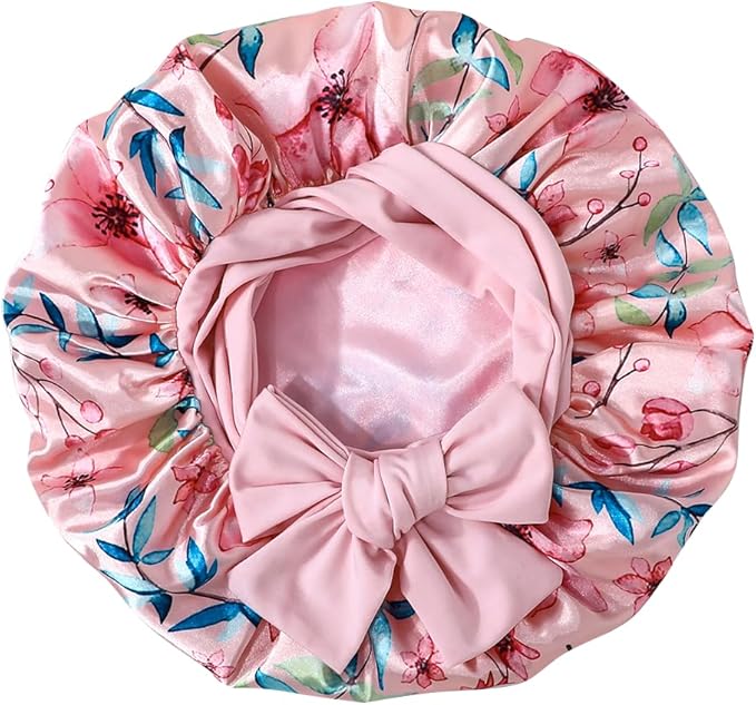 GDTOGRT Satin Silk Bonnet for Sleeping Women, Double Layer Sleep Hair Bonnets Caps for Curly Natural Hair with Tie Band - Pink Floral