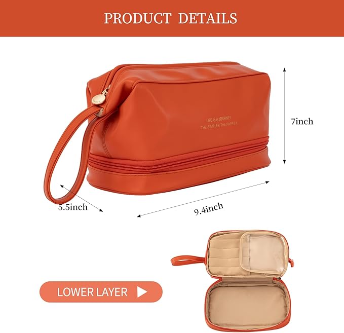 Abiudeng Large Makeup Bag for Women,Travel Makeup Organizer with Brush Holder, Dopp Kit Essentials,Waterproof Lozenge Cosmetic Bag for Traveling,Multi Compartment,Cute,Spacious Capacity-orange