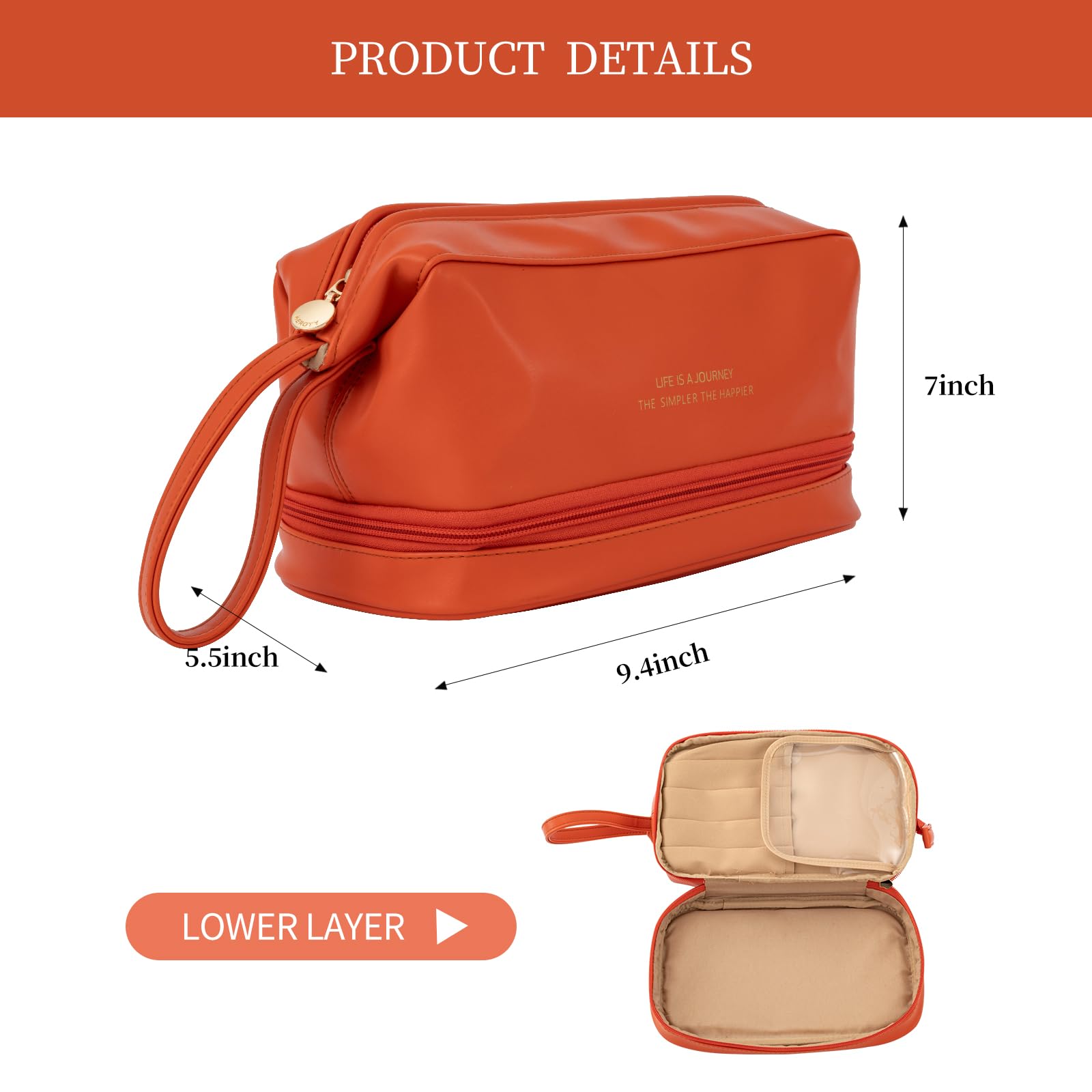Abiudeng Large Makeup Bag for Women,Travel Makeup Organizer with Brush Holder, Dopp Kit Essentials,Waterproof Lozenge Cosmetic Bag for Traveling,Multi Compartment,Cute,Spacious Capacity-orange