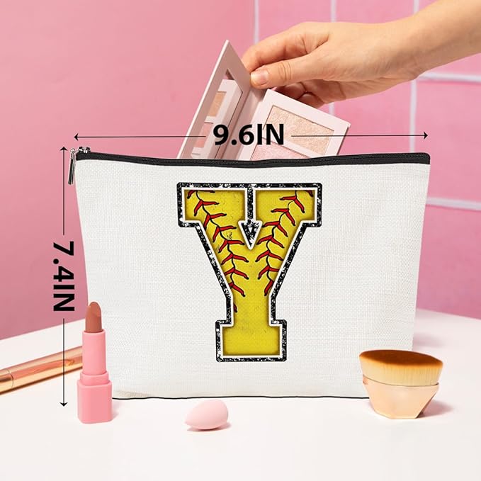 Softball Gifts Initial Y Makeup Bag Softball Gifts for Team Cosmetic Bag