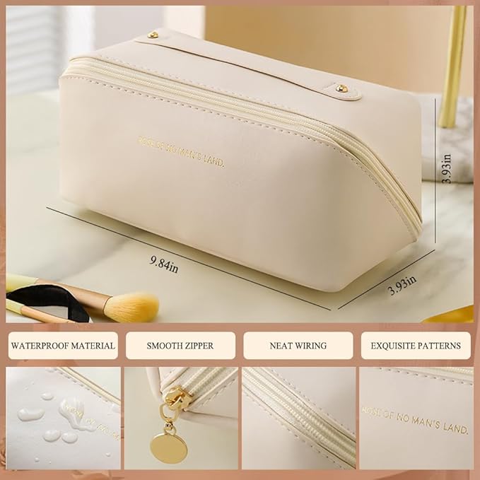 SUILU Makeup Bag Cosmetic Bag,Portable Pouch Open Flat Toiletry Bag Make up Organizer with Divider, Handle and small cosmetic bag Travel Essentials (Ivory)