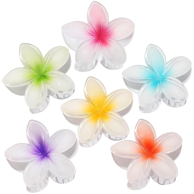 CHANDAT Flower Hair Clips 6 PCS Hawaiian Claw Clips for Vacation Hibiscus Hair Claw Clips Cute Large Hair Clips for Thick and Thin Hair Plumeria Hair Accessories for Women Girls -White Colorful