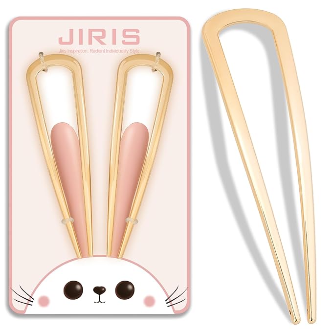 JIRIS 2PCS 4.2Inch French Hair Pins U-Shaped Pins for Women and Girls Fashion Metal Hair Pin French Twist Hair Pins for Buns, Updos,Stylish and Functional(set1-rabbit-gold)