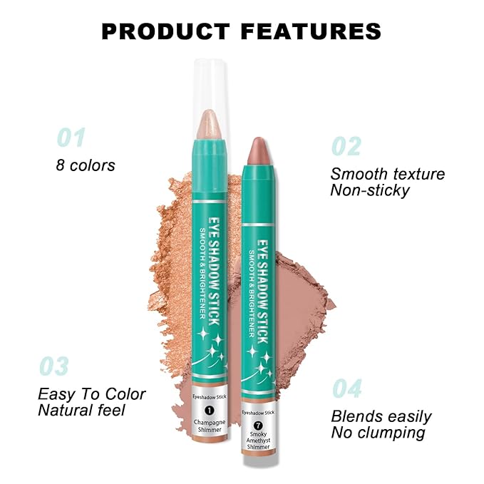 GADMLURY 8Pcs Eyeshadow Stick, Eye Brightener Stick, Shimmer Creamy Eye Shadow Makeup, Waterproof Long Lasting Glitter Highlighter Eye Liner Pencil (SET A)
