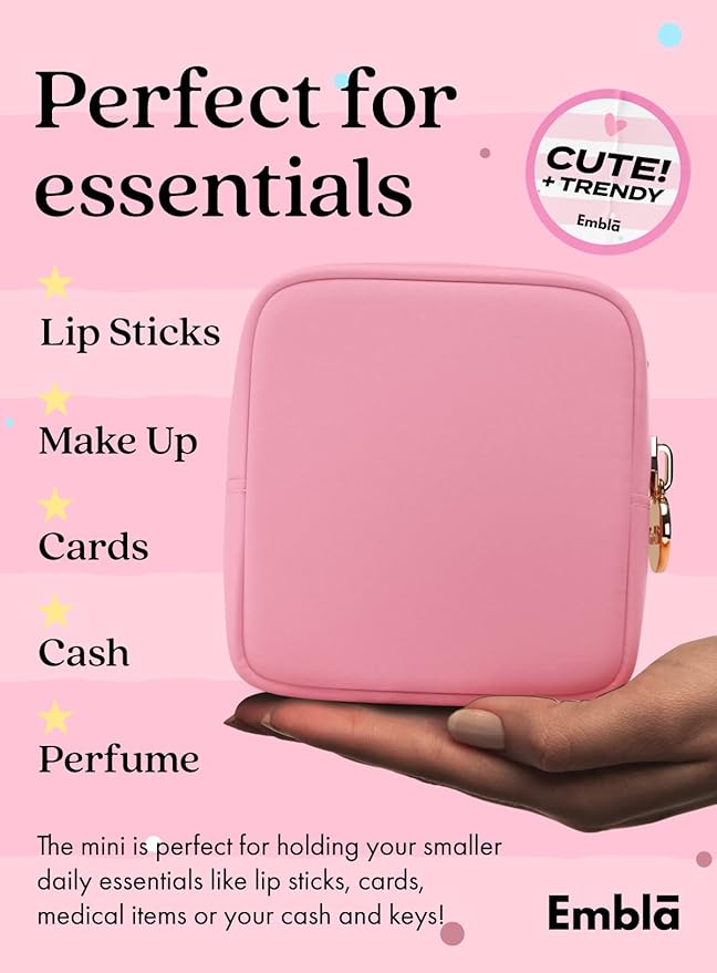 Embla Small Makeup Bag for Purse, Mini Waterproof Nylon Cosmetic Pouch, Durable and Lightweight Travel Toiletry Bag with Smooth Zipper, Light Pink