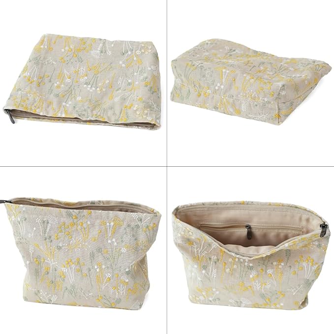 BBORGDC Floral Cotton Embroidered Makeup Bag - Large Capacity Cosmetic Pouch for Travel, Makeup Organizer & Toiletry Bag with Zipper, Perfect for Daily Use & Gifts