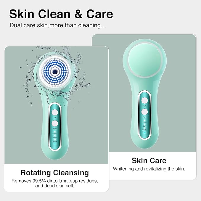 UMICKOO Electric Facial Cleansing Brush, 2-Way Rotating Face Scrubber for Daily & Deep Cleaning, 3 Modes, 5 Brush Heads, Rechargeable, IPX7 Waterproof for All Skin Types