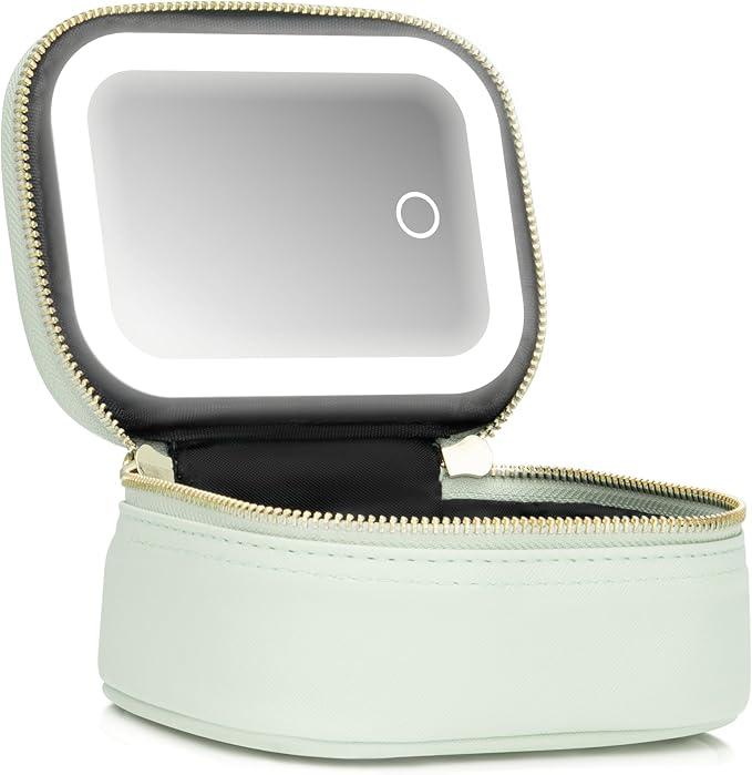 Mini Makeup Bag with Led Mirror, Small Travel Make up Bag 3 Light Modes Adjustable Brightness, for Women Organizer Cosmetic Bag, Portable Travel Train Toiletry Bag, for Pool Parties Work Touch-Ups