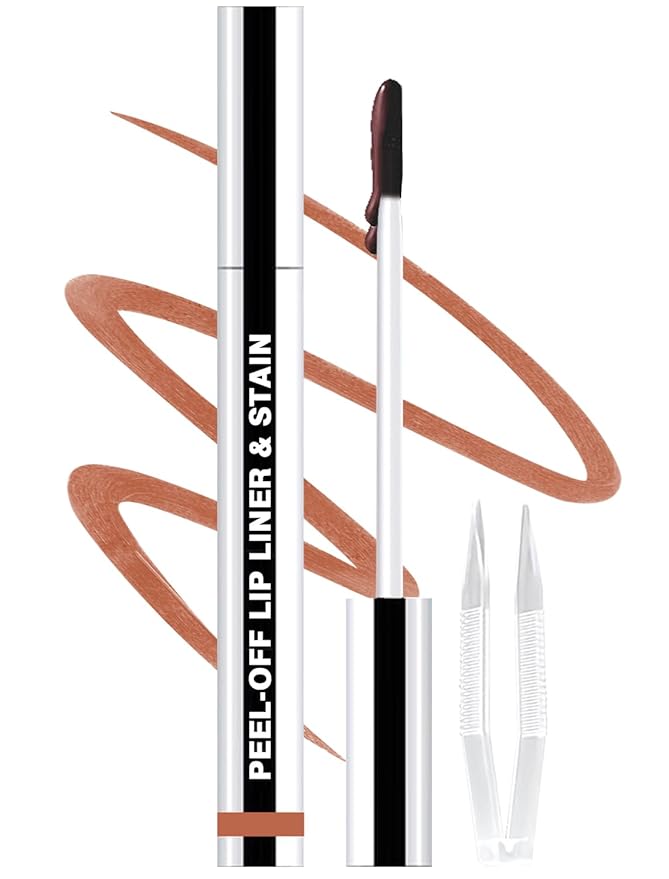 QCMME Lip Liner Stain Peel Off with Tweezer, Long Lasting Matte Lip Tattoo, Highly Pigmented Color Lip Makeup, Waterproof, Transfer-proof Lipstain for Women, for All Skin Types, Nude