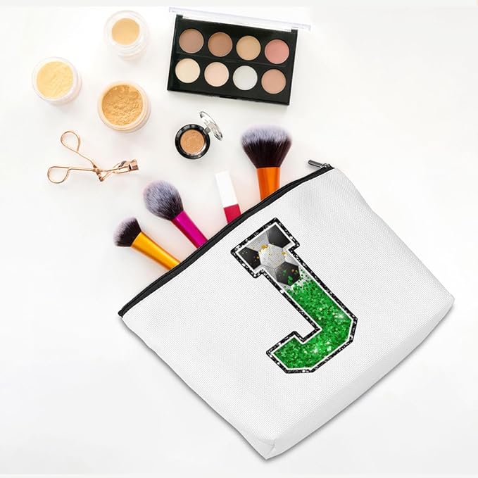 CQM Soccer Gifts Initial Makeup Bag Soccer Girl Gifts Cosmetic Bag Letter J